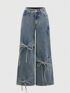 Bow Tie Wide Leg <b>Jeans</b> Mid Waist Baggy Denim Pants Vintage Wash Casual Eco-Friendly Women Cargo Ultra-Soft Breathable - Product Image 3
