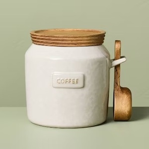 Boîte à café vintage en céramique avec couvercle en bois et cuillère incluse, pot de conservation hermétique, garde-frais, organisateur de comptoir de cuisine - Product Image 2