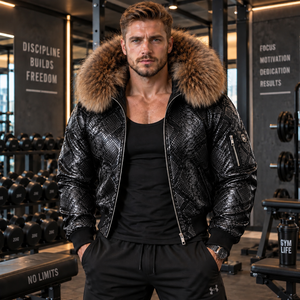 Men Premium Snake Skin Bomber Outerwear with Fox <b>Fur</b> <b>Hood</b> Fashion Motorcycle <b>Jacket</b> | Herren Lederjacke | Chaqueta Hombre Cuero - Product Image 5