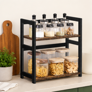 Étagère à épices rustique marron à 2 niveaux pour comptoir de cuisine, en métal et bois, support de rangement vertical pour condiments, gain de place pour bocaux - Product Image 2