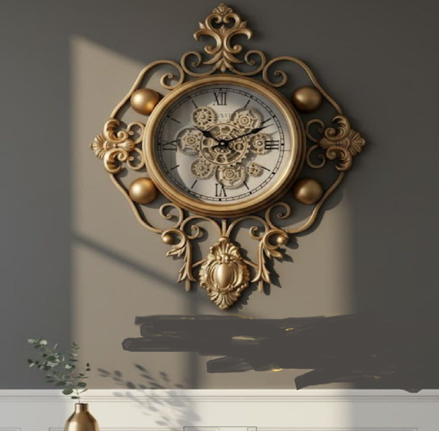 Luxury, ornate golden wall clock features a gorgeous vintage mechanical internal gear system, available at wholesale prices.
