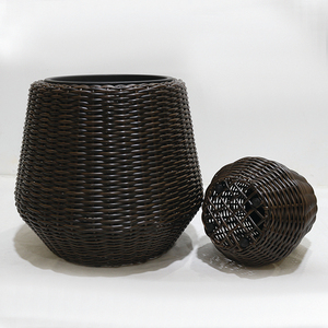 Modern Rattan Flower Pot Set Indoor <b>Planters</b> for Home Decor Minimalist Style Circular Design Black Finish - Product Image 5