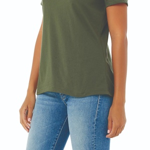 T-shirt décontracté ajusté à col en V pour femme, vert olive uni, en coton, à manches courtes, personnalisable avec logo, vente en gros - Product Image 5