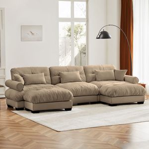 Divano Modulare a U Moderno a 3 Posti con Due Pouf Mobili, Cuscini Lombari e Cuscini Decorativi per Soggiorno - Product Image 2