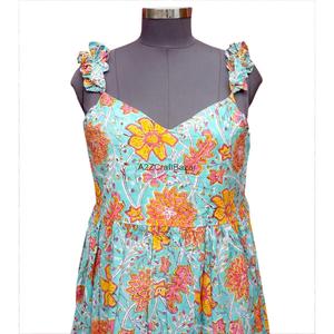 Robe longue décontractée pour femme en tissu de coton écologique imprimé au bloc, sans manches, à volants, pour la couture, idéale pour les fêtes, style simple - Product Image 6