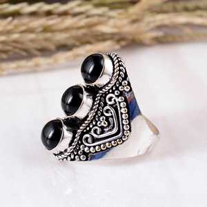 Natural Black Onyx Three Stone Bezel <b>Set</b> 925 Sterling <b>Silver</b> Ornate V-Shape Filigree Design Handmade Bohemian Unisex <b>Ring</b> - Product Image 3
