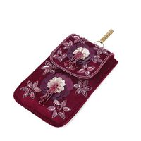 Dompet ponsel suede berhias manik-manik buatan tangan, tas kartu kredit, tas selempang bordir bunga, tas pesta malam beludru