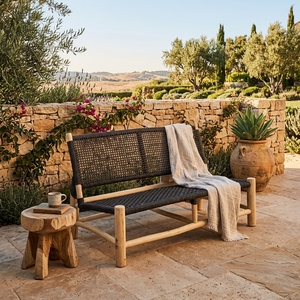 Banc de salle à manger rustique en rotin et teck, 2 places, pieds effilés, mobilier de patio, couleur noire, sans rembourrage, modèle ZKA01, branche de teck - Product Image 5