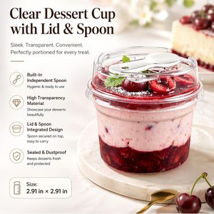 Gobelets à dessert ronds en plastique transparent avec couvercles et cuillères, mini-shooters jetables pour pâtisserie à emporter - Product Image 4