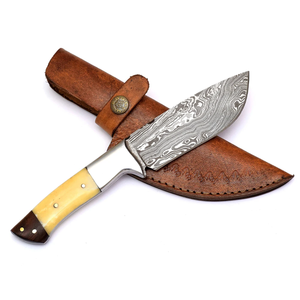 Couteau de chasse artisanal en acier Damas, lame à pointe tombante avec manche en ivoire et étui en cuir, lame fixe de 4 pouces, usage extérieur - Product Image 1