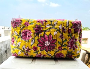 Handmade Quilted Cotton Travel <b>Makeup</b> Organizer Large Capacity Floral Block Printed Cosmet Pouch Zipper Lightweight <b>Case</b> - Product Image 4
