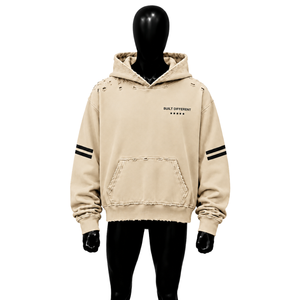 Vente en gros Sweat à capuche oversize beige brodé avec poche, motif graphique intégré, en coton molletonné épais respirant, style décontracté - Product Image 1