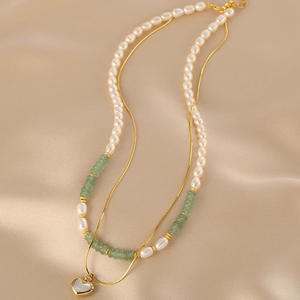 Collier double couche pour femme, perle d'eau douce naturelle, pendentif en forme de cœur, design de style chinois, collier de clavicule tendance, superposé - Product Image 2