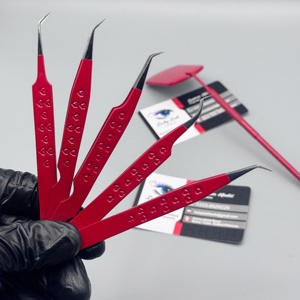 Pinzas de Precisión para Pestañas, Color Rojo, Acero Inoxidable, Punta Suave, 5 Piezas, Herramienta Profesional para Pestañas, Pinzas para Pestañas con Logotipo Personalizado y Espejo - Product Image 1