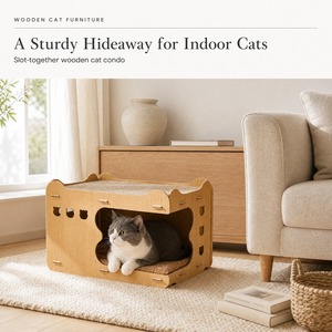 Casa de Madera para Gatos, Diseño Plano para Ensamblar, con Entrada Amplia y Rascador Corrugado en la Parte Superior - Product Image 4