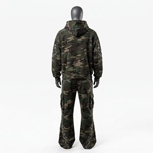 Mens <b>Camouflage</b> <b>Cargo</b> Hoodie Tracksuit Rhinestone Embroidery Wide Leg <b>Pants</b> Custom Streetwear Sportswear Matching Set - Product Image 4