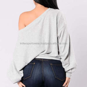 Sudadera Oversize Gris para Mujer, de Hombros Descubiertos, Manga Larga, Color Sólido, Tejido de Algodón, para Otoño - Product Image 5