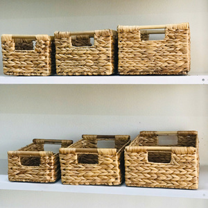 The Set of 3 Water Hyacinth <b>Rectangle</b> <b>Basket</b> with Wooden Handle Multifunction <b>Storage</b> <b>Basket</b> - Product Image 6