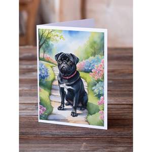 Whimsical A7 Size <b>5x7</b> Black Pug Spring Path Greeting Cards Pack of 8 Blank Note Cards with <b>Envelopes</b> - Product Image 2