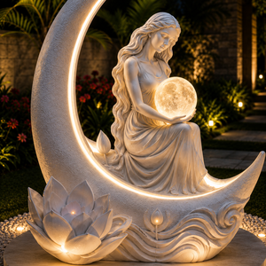 Statue décorative d'extérieur en pierre blanche, boule de lune lumineuse, sculpture de jardin déesse de la lune, design zen asiatique, artisanat religieux LED - Product Image 6