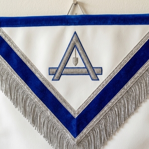 <b>White</b> Blue Velvet Masonic <b>Apron</b> Embroidered Square Compasses Symbol Silver Fringe Classical Style - Product Image 3