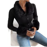 Cardigan en tricot noir de qualité supérieure pour femme, col rond, manches longues, hiver, décontracté, 100 % polyester, infroissable, devant