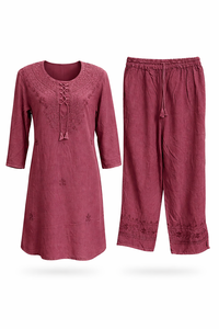 ชุดเซ็ตเสื้อและกางเกงผ้าวิสโคสปักลายสำหรับผู้หญิง สองชิ้น ผู้ผลิตเสื้อและกางเกงลำลอง คอกลม - Product Image 2