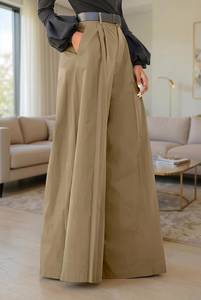 Pantalon large plissé noir en satin taille haute pour femme, coupe ample élégante avec ceinture, style automne - Product Image 2