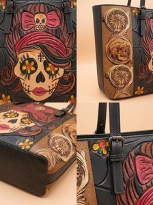 Hand Tooled Leather Large (>50cm) Weekender Duffel Bag Large Capacity Portable Shoulder Length Handle <b>Travel</b> <b>Tote</b> Zipper Closure - Product Image 3