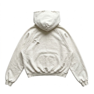 Oversized <b>Crop</b> Hoodie Distressed Pockets Ripped Details Drop Shoulder Eco-Friendly Unisex <b>White</b> French Terry <b>Sweatshirt</b> Spring - Product Image 3