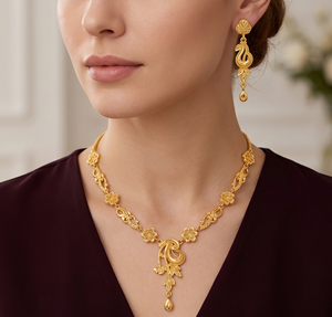 Divyoro <b>Copper</b> Gold Plated Necklace and Earrings Set Women Wedding Jewelry Classic Pendant Link <b>Chain</b> Adjustable Length Orissa - Product Image 3