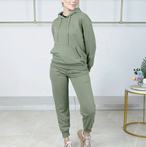 Femmes été deux pièces décontracté sport ensemble solide mince sweat à capuche cordon kangourou poche taille haute maigre ample 100% - Product Image 5