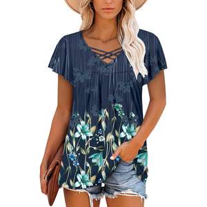 2025 Top de túnica elegante bohemio azul menta XL para mujer con cuello en V favorecedor y mallas camisa de manga corta - Product Image 1