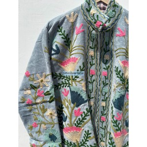 <b>Women's</b> Velvet Embroidered Jacket Mandarin Collar Full Sleeve Floral Design Hand Embroidery <b>Spring</b> <b>Coat</b> - Product Image 3