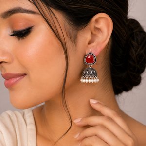 Boucles d'oreilles en argent oxydé avec pierre précieuse orange, boucles d'oreilles indiennes Jhumka pour femmes - Product Image 2
