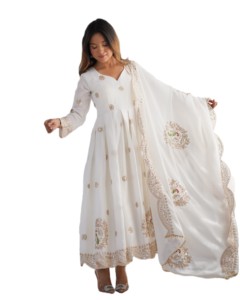 Salwar Kameez en soie blanche, longueur au sol, avec dupatta brodé, tenue traditionnelle indienne et pakistanaise pour mariage, robe Anarkali pour femmes - Product Image 1