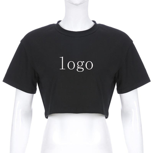 <b>Women's</b> <b>Black</b> <b>Cropped</b> T-Shirt Crew Neck Short Sleeve Solid Color Casual Knitted Regular Fit Logo Print All Seasons - Product Image 1