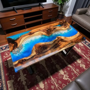 Plateau de table à manger en bois de rivière époxy bleu fait main, résine de noyer avec bord océanique, café pour la décoration de la maison - Product Image 3