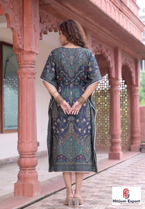 HitJem Export - Vestido Largo de Moda para Mujer, Estampado Azul, Cuello en V, Manga Larga, Estilo Kaftan - Product Image 4