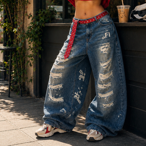 Pantalon droit ample vintage décontracté d'été pour femme, taille haute, jambe large, jean long extensible uni, OEM, pantalon homme US - Product Image 2