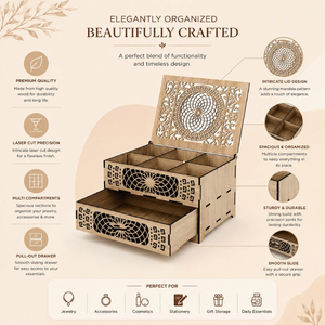 Wooden <b>Chest</b> of Drawers Style Jewelry Box | Decorative Laser Cut Organizer for Home Vanity Accessories & Keepsake Collection - Product Image 2