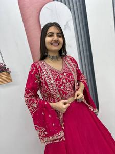 <b>Red</b> Embroidered Modern <b>Lehenga</b> Choli Net Fabric Traditional Indian Wedding Party Graduation V Neck Festive Dress Set - Product Image 1