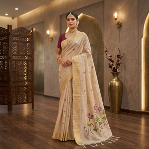 Sari en coton Muga avec broderie florale, tenue traditionnelle pour femmes, mariage et fêtes, style indien, longueur au sol - Product Image 3