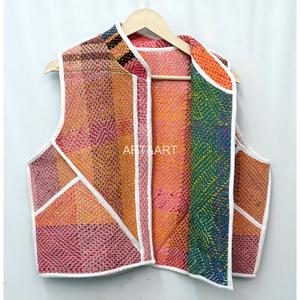 New Arrival Women's Indian Handmade Knitted Cotton Multicolor Classy <b>Kantha</b> Vintage V-neck Women Short Vest - Product Image 3
