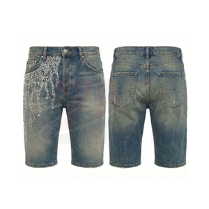 Pantalones Cortos de Mezclilla Desgastados para Hombre con Pedrería, Estilo Casual de Verano, Pierna Recta, Cintura Media, Algodón Tejido - Product Image 6