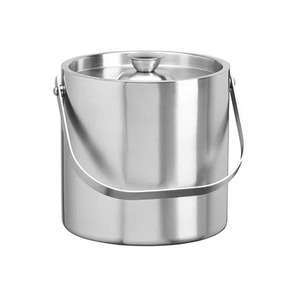 Silver Stainless Steel Round Ice <b>Bucket</b> <b>with</b> <b>Lid</b> and Handle Gold Trim Modern Luxury Beverage Cooler Tub - Product Image 2