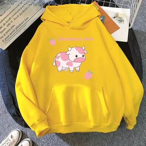 เสื้อฮู้ดผู้หญิง คุณภาพดี ลายวัวและสตรอว์เบอร์รี น่ารัก สไตล์ลำลอง สำหรับฤดูใบไม้ร่วงและฤดูหนาว - Product Image 4