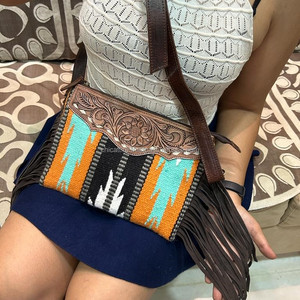 Women's Fashionable Saddle Blanket Fringe Crossbody Bag High Quality Hand Tooled Genuine Leather Shoulder Bag Aztec <b>Wool</b> Handbag - Product Image 3