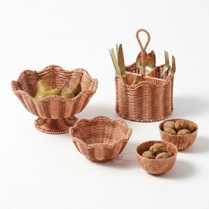 Ensemble d'organisateurs de vaisselle en rotin écologique moderne, comprenant un saladier festonné et un porte-couverts à 4 compartiments, pour service de table côtier - Product Image 3