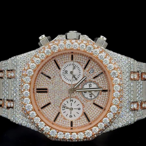Reloj cronógrafo de 3 subesferas con diamantes de moissanita certificados, oro rosa bicolor, funciona con batería, diamantes de moissanita VVS. - Product Image 2